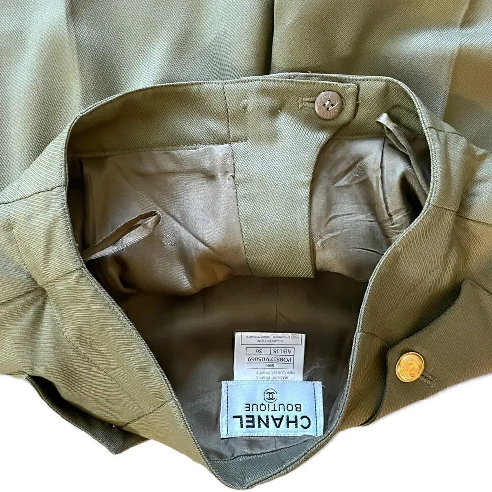 VINTAGE CHANEL Military Green Stunning High-Waisted Wool & Silk Tailored Pants